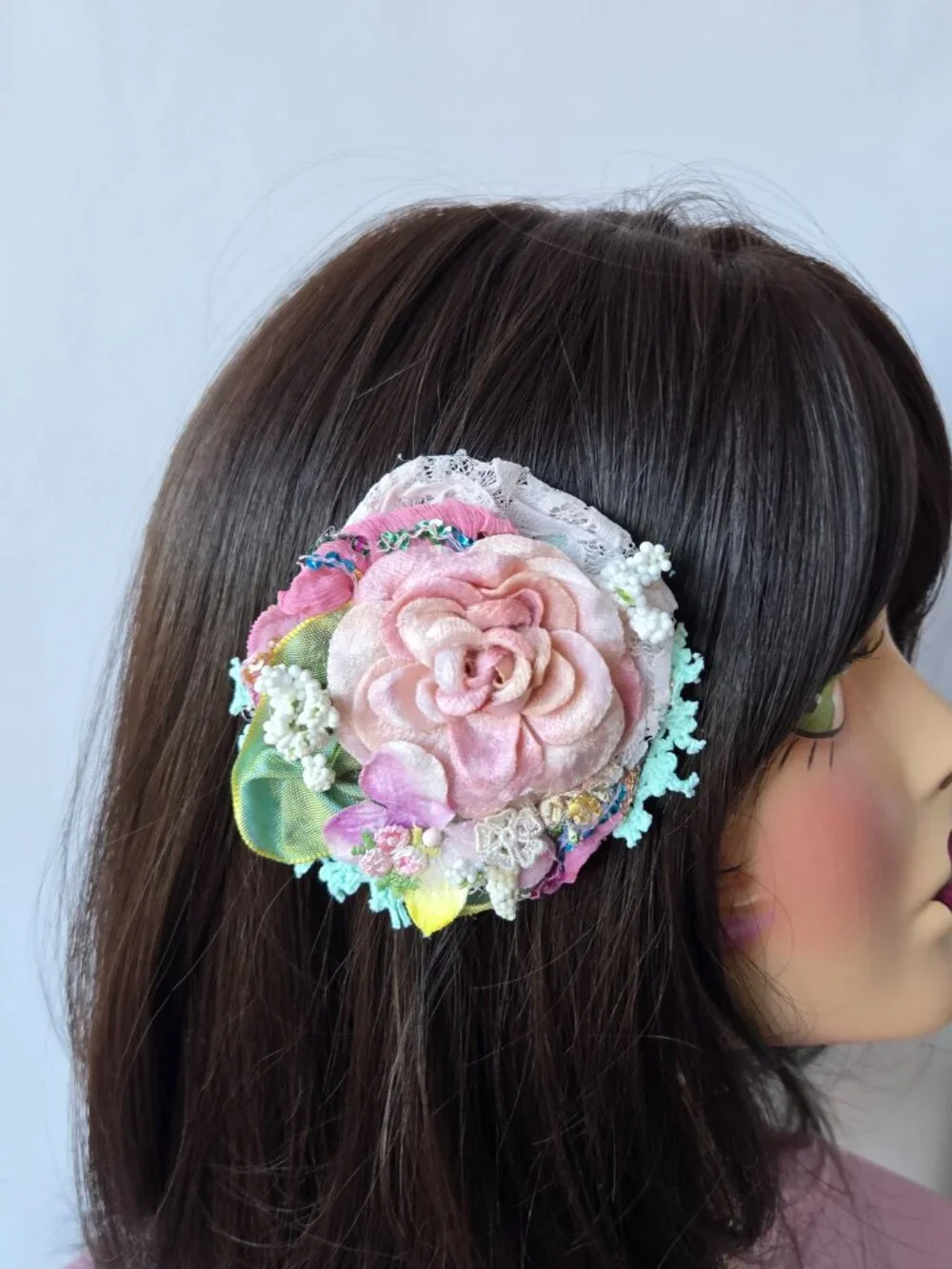 Handmade Blush Pink Velvet Rose and Lace Posey Hair Clip • Cottage Balletcore